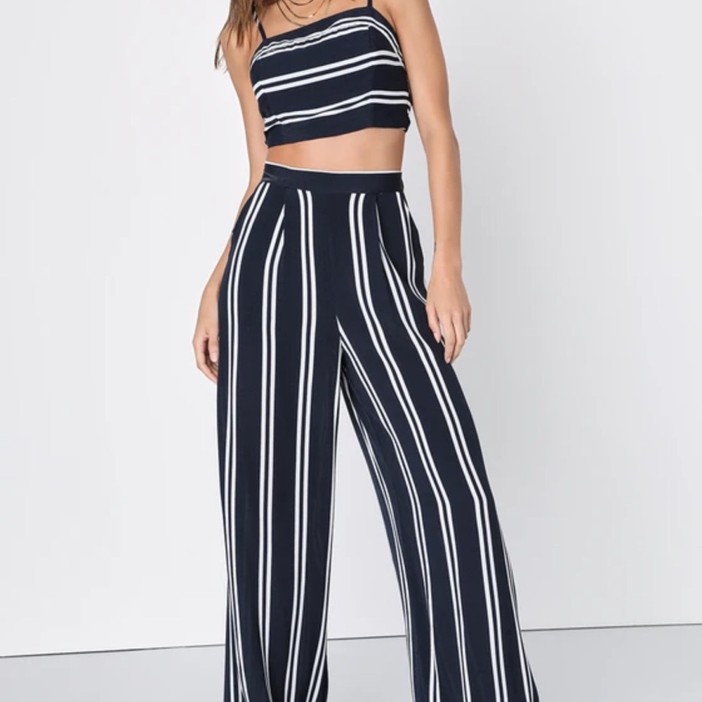 Coastal Living Navy Blue and White Striped Two-Piece Jumpsuit